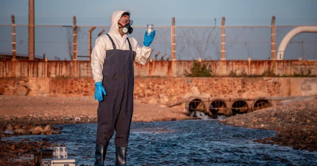 A scientist in protective gear conducting environmental pollution tests near a water body.