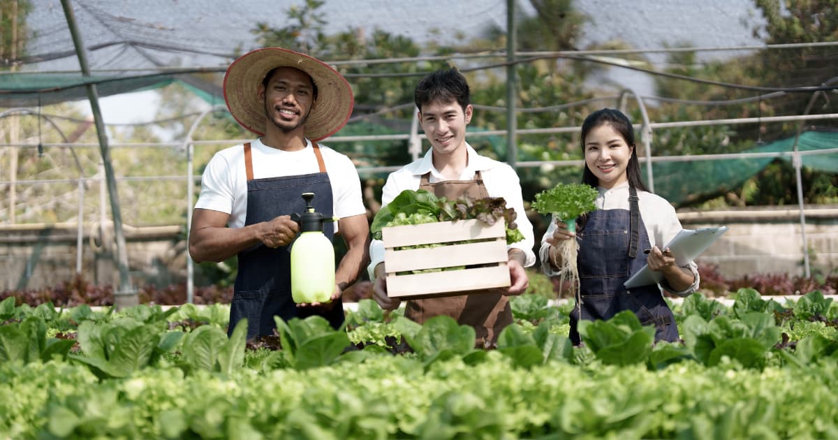 Group of farmers with organic produce, showcasing the benefits of transitioning to organic farming.