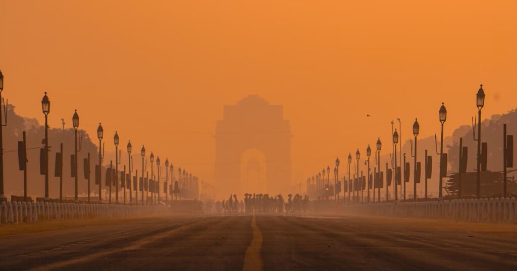 Delhi, India under heavy air pollution during sunset