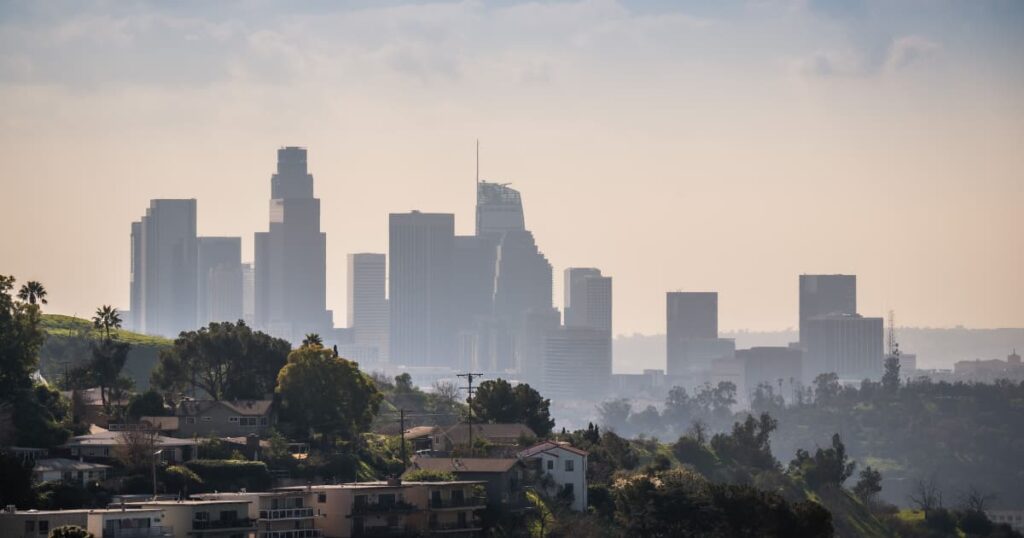 Skyline of Los Angeles covered in smog